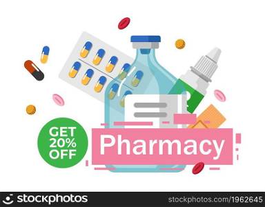 Drug store 20 percent off cost on pills and capsule, drops and liquid in bottle. Treatment and healthcare. Promotion banner with reduction and discount on medicine products. Vector in flat style. Pharmacy store discount on medicine, promo banner