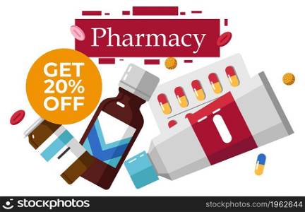Drug store selling medicine on discount, reduced price. Sale and lowered cost for loyal clients of pharmacy. Ointment and drops, blister with pills, prescribed medication. Vector in flat style. Pharmacy store offer medicine discount sale price