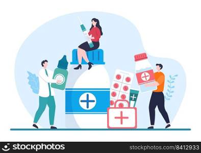 Drug Store Template Hand Drawn Cartoon Flat Illustration Shop for the Sale of Drugs, a Pharmacist, Medicine, Capsules and Bottle