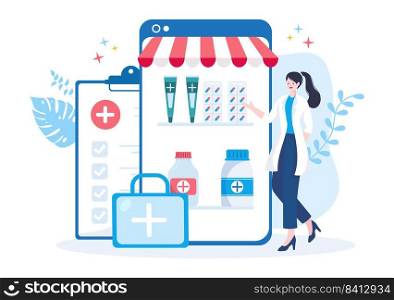 Drug Store Template Hand Drawn Cartoon Flat Illustration Shop for the Sale of Drugs, a Pharmacist, Medicine, Capsules and Bottle