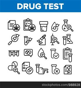 Drug Test Collection Elements Icons Set Vector Thin Line. Blood Drop From Hand Finger And Urine Laboratory Analysis Drug Test Concept Linear Pictograms. Monochrome Contour Illustrations. Drug Test Collection Elements Icons Set Vector