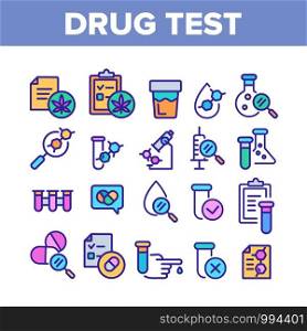 Drug Test Collection Elements Icons Set Vector Thin Line. Blood Drop From Hand Finger And Urine Laboratory Analysis Drug Test Concept Linear Pictograms. Color Contour Illustrations. Drug Test Color Elements Icons Set Vector