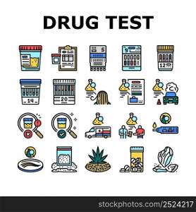 Drug Test Examination Device Icons Set Vector. Panel Drug Test Gadget For Searching Cocaine Or Amphetamines, Marijuana And Alcohol In Blood Or Urine. Medical Review Officer Color Illustrations. Drug Test Examination Device Icons Set Vector