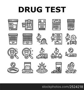 Drug Test Examination Device Icons Set Vector. Panel Drug Test Gadget For Searching Cocaine Or Amphetamines, Marijuana And Alcohol In Blood Or Urine. Medical Review Officer Black Contour Illustrations. Drug Test Examination Device Icons Set Vector