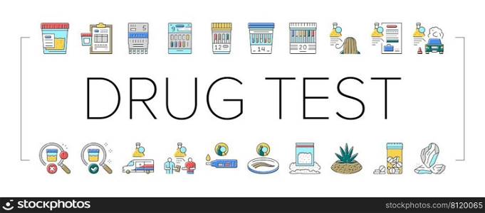 Drug Test Examination Device Icons Set Vector. Panel Drug Test Gadget For Searching Cocaine Or Amphetamines, Marijuana And Alcohol In Blood Or Urine. Medical Review Officer Color Illustrations. Drug Test Examination Device Icons Set Vector