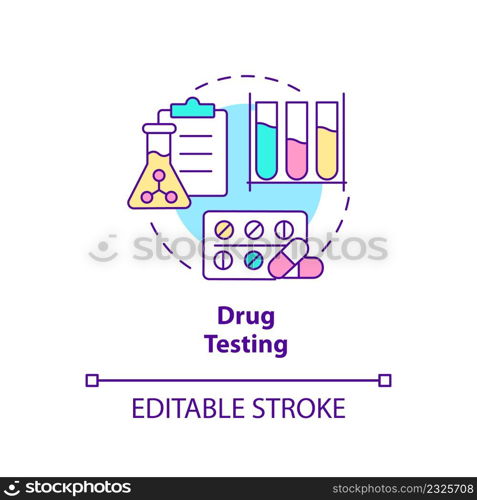 Drug testing concept icon. Pharmacy researching. Things to be tested abstract idea thin line illustration. Isolated outline drawing. Editable stroke. Arial, Myriad Pro-Bold fonts used. Drug testing concept icon