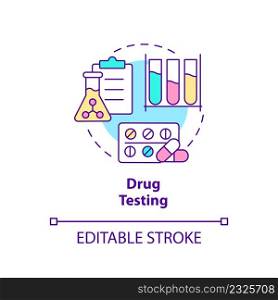 Drug testing concept icon. Pharmacy researching. Things to be tested abstract idea thin line illustration. Isolated outline drawing. Editable stroke. Arial, Myriad Pro-Bold fonts used. Drug testing concept icon