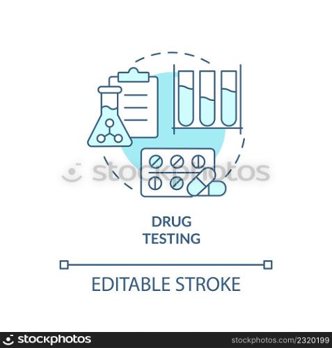 Drug testing turquoise concept icon. Pharmacy researching. Things to be tested abstract idea thin line illustration. Isolated outline drawing. Editable stroke. Arial, Myriad Pro-Bold fonts used. Drug testing turquoise concept icon
