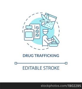 Drug trafficking blue concept icon. Illegal trade. Smuggling through country border. Deportation abstract idea thin line illustration. Vector isolated outline color drawing. Editable stroke. Drug trafficking blue concept icon
