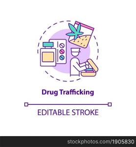 Drug trafficking concept icon. Illegal trade. Smuggling through country border. Check on entry. Deportation abstract idea thin line illustration. Vector isolated outline color drawing. Editable stroke. Drug trafficking concept icon