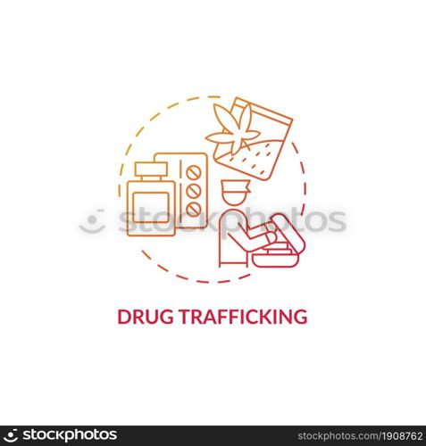 Drug trafficking red concept icon. Illegal trade. Smuggling through country border. Check on entry. Deportation abstract idea thin line illustration. Vector isolated outline color drawing. Drug trafficking red concept icon