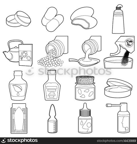 Drug types icons set. Outline illustration of 16 drug types vector icons for web. Drug types icons set, outline style