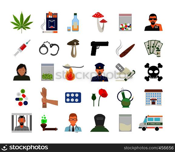 Drugs and addiction flat colorful icons on white background. Vector illustration. Drugs and addiction flat icons