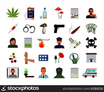 Drugs and addiction flat colorful icons on white background. Vector illustration. Drugs and addiction flat icons