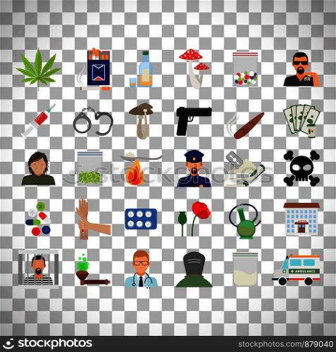 Drugs and addiction flat icons isolated on transparent background. Drugs and addiction flat icons