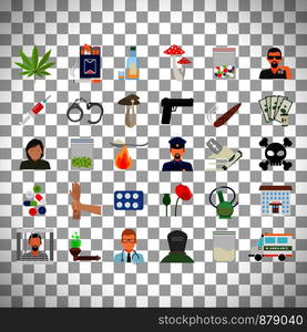 Drugs and addiction flat icons isolated on transparent background. Drugs and addiction flat icons