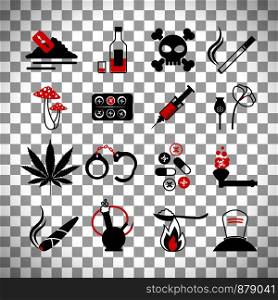 Drugs and alcohol addiction icons. Poison and injection, razor blade and marijuana pipe signsisolated on transparent background. Drugs and alcohol addiction icons