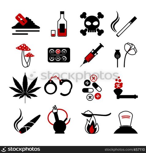 Drugs and alcohol addiction icons. Poison and injection, razor blade and marijuana pipe signs. Vector illustration. Drugs and alcohol addiction icons