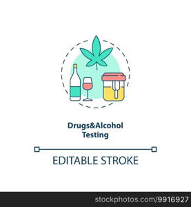 Drugs and alcohol testing concept icon. Impairment and intoxication level idea thin line illustration. Engaging in illegal drug use. Vector isolated outline RGB color drawing. Editable stroke. Drugs and alcohol testing concept icon