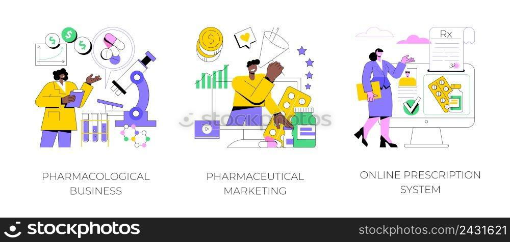 Drugs and medication industry abstract concept vector illustration set. Pharmacological business, pharmaceutical marketing, online prescription system, pharmacy network, drugstore abstract metaphor.. Drugs and medication industry abstract concept vector illustrations.