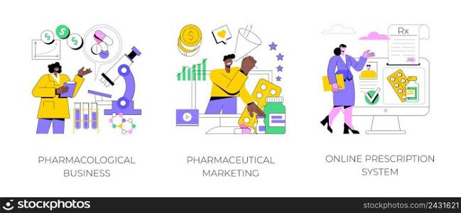 Drugs and medication industry abstract concept vector illustration set. Pharmacological business, pharmaceutical marketing, online prescription system, pharmacy network, drugstore abstract metaphor.. Drugs and medication industry abstract concept vector illustrations.