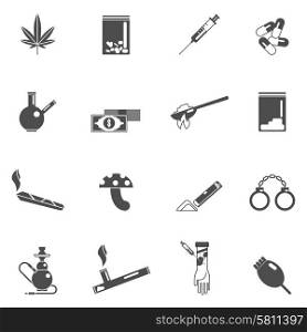 Drugs black icons set with magic mushrooms weed leaf crack smoke isolated vector illustration. Drugs Icons Set