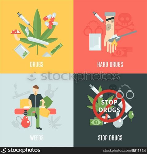 Drugs design concept set with weeds and addiction flat icons isolated vector illustration. Drugs Flat Set