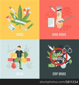 Drugs design concept set with weeds and addiction flat icons isolated vector illustration. Drugs Flat Set