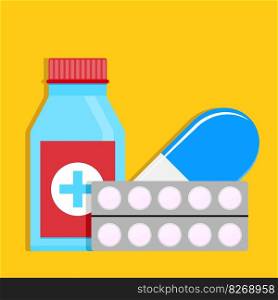 Drugs for treatment of common cold. Medical pill and pack of tablets. Vector illustration. Drugs for treatment of common cold vector