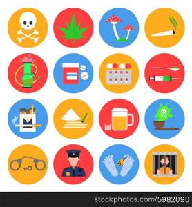 Drugs Icons Set . Drugs round icons set with drugs alcohol and smoking symbols flat isolated vector illustration