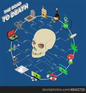 Drugs Isometric Flowchart . Drugs isometric flowchart with skull and deadly addiction symbols vector illustration