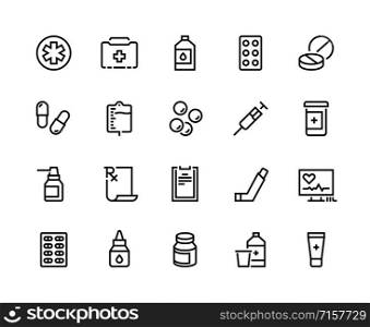 Drugs line icon. Medicine prescription, pharmacy recipes, pills capsules inhaler. Vector medical supplies for clinic and hospital, capsule and pill medication linear pictogram. Drugs line icon. Medicine prescription, pharmacy recipes, pills capsules inhaler. Vector medical supplies for clinic and hospital