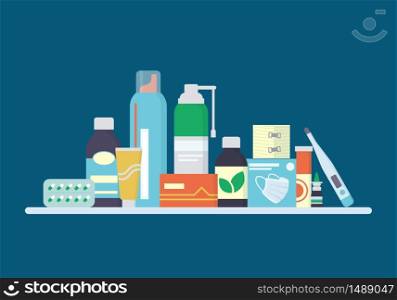 Drugs, pills, drops and tincture bottles are on the shelf. Medicines for the treatment of the cold, virus and flu. Vector illustration in flat style on dark blue background. Drugs, pills, drops and tincture bottles are on the shelf. Medicines for the treatment of the cold, virus and flu.