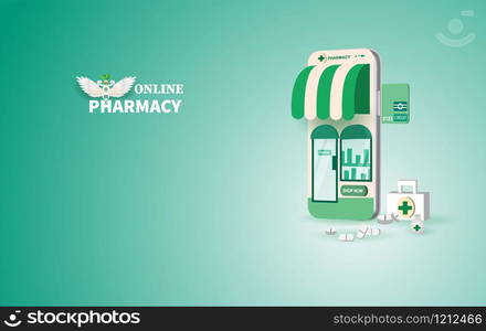 Drugstore online.pills buy online with the smartphone concept. Healthcare online pharmacy device screen mobile.Medicine set bottle of pills to patient.paper art and craft style vector illustration