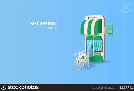 Drugstore online.pills buy online with the smartphone concept. Healthcare online pharmacy device screen mobile.Medicine set bottle of pills to patient.paper art and craft style vector illustration