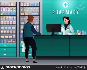 Drugstore. Pharmacy with pharmacist, customer with prescription buys medicine in medical shop. Pharmaceutical retail vector shopping pharmacies store for healthcare concept. Drugstore. Pharmacy with pharmacist, customer with prescription buys medicine in medical shop. Pharmaceutical retail vector concept