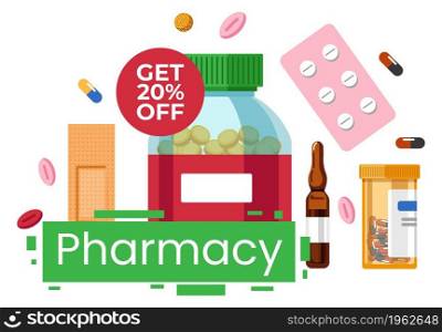 Drugstore with eye drops, capsule and bills in blister, plaster and medication. Pharmacy shop assortment. Promotion banner with reduction and discount on medicine products. Vector in flat style. Pharmacy store 20 percent off price reduction