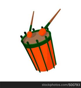 Drum and drumsticks icon in cartoon style on a white background. Drum and drumsticks icon, cartoon style