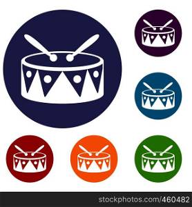 Drum and drumsticks icons set in flat circle reb, blue and green color for web. Drum and drumsticks icons set