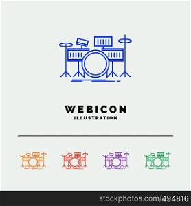 drum, drums, instrument, kit, musical 5 Color Line Web Icon Template isolated on white. Vector illustration. Vector EPS10 Abstract Template background