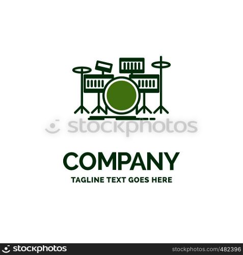 drum, drums, instrument, kit, musical Flat Business Logo template. Creative Green Brand Name Design.