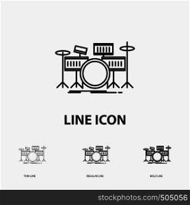 drum, drums, instrument, kit, musical Icon in Thin, Regular and Bold Line Style. Vector illustration. Vector EPS10 Abstract Template background