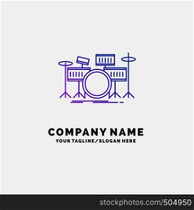 drum, drums, instrument, kit, musical Purple Business Logo Template. Place for Tagline. Vector EPS10 Abstract Template background