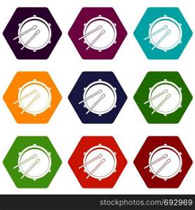 Drum icon set many color hexahedron isolated on white vector illustration. Drum icon set color hexahedron