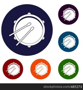 Drum icons set in flat circle red, blue and green color for web. Drum icons set