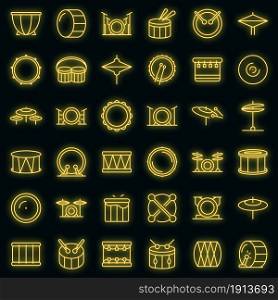 Drum icons set. Outline set of drum vector icons neon color on black. Drum icons set vector neon