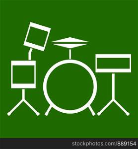Drum kit icon white isolated on green background. Vector illustration. Drum kit icon green