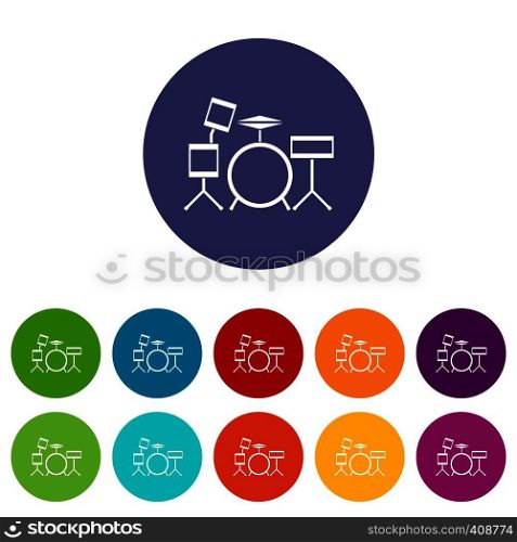 Drum kit set icons in different colors isolated on white background. Drum kit set icons