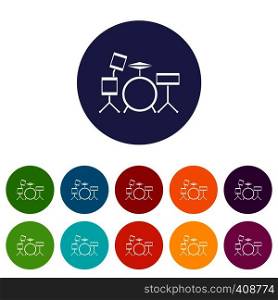 Drum kit set icons in different colors isolated on white background. Drum kit set icons