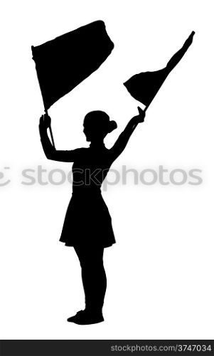 Drum Majorette Waving Two Flags in Line Routine Silhouette